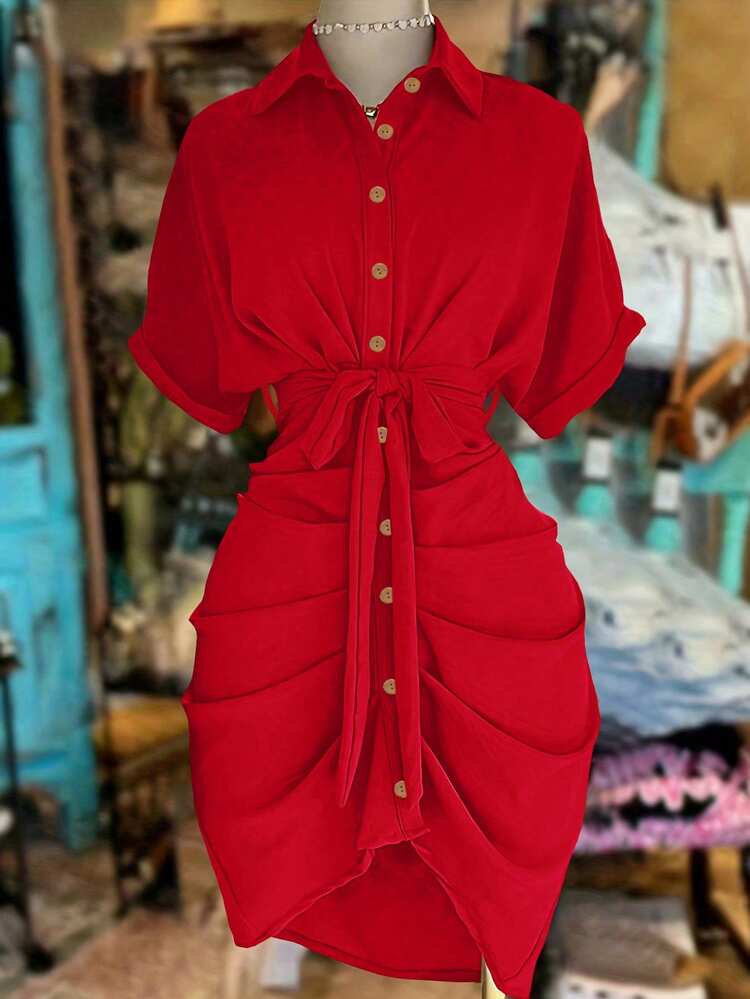 EMERY ROSE Vestido camisa de mujer de manga corta con volantes, moño y abotonadura sencilla en unicolor - Rojo - Añade 1