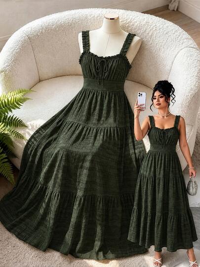 GlowEve CURVE Plus Size Women's Elegant Solid Color Textured Pleated Hollow Out Backless Bow Tie Strap Long Dress, Suitable For Summer Beach Vacation, Dating