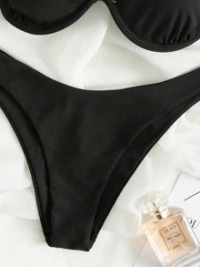 Bonvoyette Baju Renang Cincin Plain Seksi - Hitam - View 5
