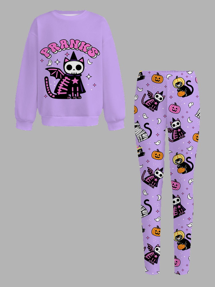 Tween Girls Crew Neck Kids Casual Drop Shoulder Autumn Sweatshirt & Slim Fit Leggings 2pcs Set - Multicolor - View 2
