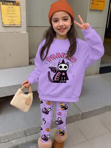 青少年女孩圓領休閒落肩衛衣與修身打底褲2件套 - 彩色 - 查看 4
