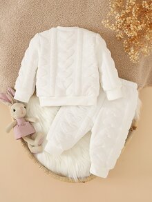 SHEIN 嬰兒秋冬新款甜美可愛衛衣與毛絨長褲2件套，粉色可愛熊頭圖案小熊套裝嬰兒衣物套裝 - 白色 - 查看 5