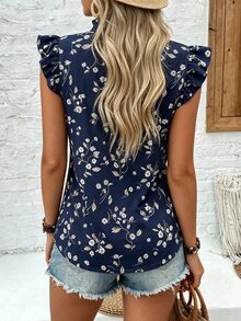 EMERY ROSE Women's Summer Casual Boho Vacation Floral Print Ruffle Trim Blouse Vacation Navy Blue Floral - Royal Blue - View 2