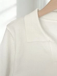 SHEIN CURVE+ Women's Spring/Summer White Simple Daily Turndown Collar Raglan Short Sleeve Casual Solid Color Fitted Knit Top, Plus Size - White - View 4
