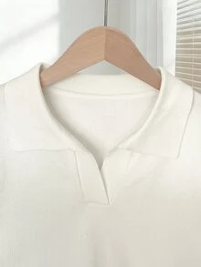 SHEIN CURVE+ Women's Spring/Summer White Simple Daily Turndown Collar Raglan Short Sleeve Casual Solid Color Fitted Knit Top, Plus Size - White - View 3