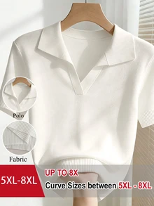 SHEIN CURVE+ Women's Spring/Summer White Simple Daily Turndown Collar Raglan Short Sleeve Casual Solid Color Fitted Knit Top, Plus Size - White - View 1
