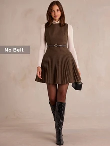 Enchnt Premium Fall Romantic Women's Elegant Brown Tweed Short Pleated Dress,Casual Dress,Festival Outfits,Work Outfits,Formal Wear,Halloween,New Year - Brown - View 6