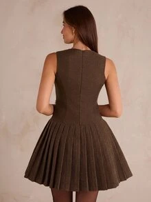 Enchnt Premium Fall Romantic Women's Elegant Brown Tweed Short Pleated Dress,Casual Dress,Festival Outfits,Work Outfits,Formal Wear,Halloween,New Year - Brown - View 7