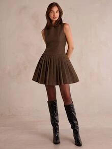 Enchnt Premium Fall Romantic Women's Elegant Brown Tweed Short Pleated Dress,Casual Dress,Festival Outfits,Work Outfits,Formal Wear,Halloween,New Year - Brown - View 4