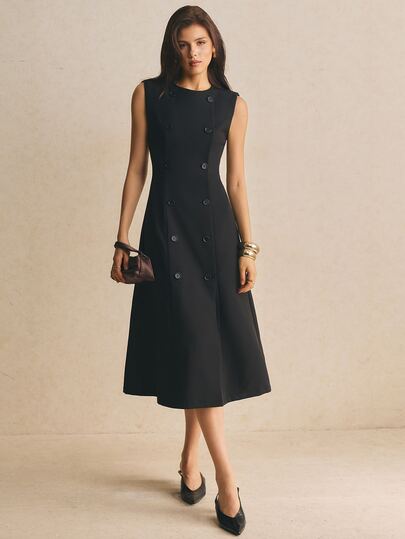 Poéselle Women's Black Double-Breasted Midi Dress – Sleeveless Tailored A-Line Blazer For Work Office Business And Evening Elegant Casual Graduation Summer