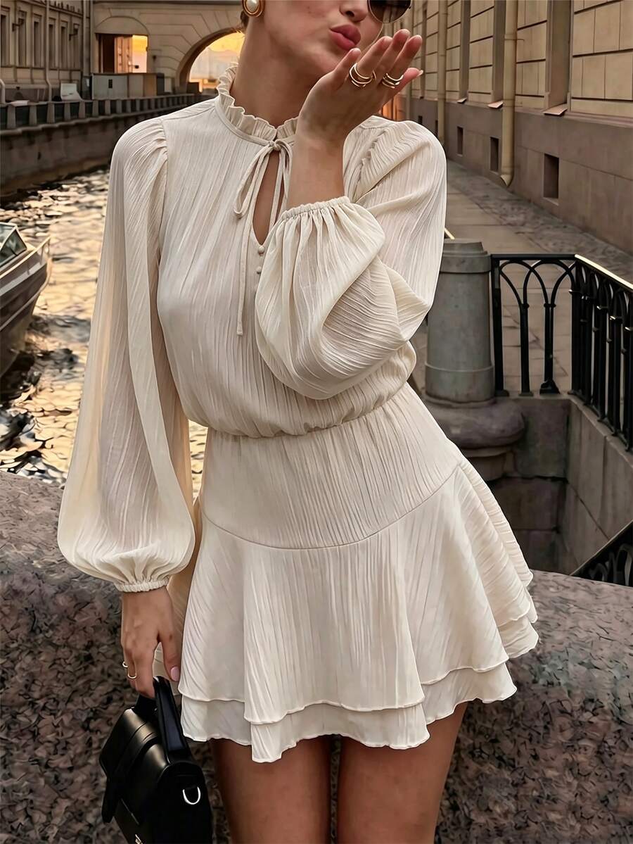 SHEIN PariChic Luxury Beige Ruffle Tie Neck Mini Dress, Puff Sleeve Elastic Waist Double Layer Skater Dress - Apricot - View 1