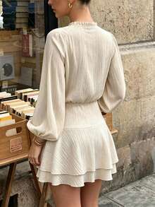 SHEIN PariChic Luxury Beige Ruffle Tie Neck Mini Dress, Puff Sleeve Elastic Waist Double Layer Skater Dress - Apricot - View 2