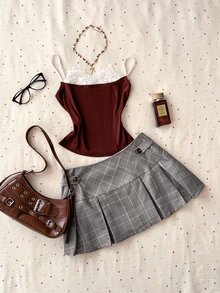 Elamini Plaid Print Pleated Women's Skirt - Khaki - View 4