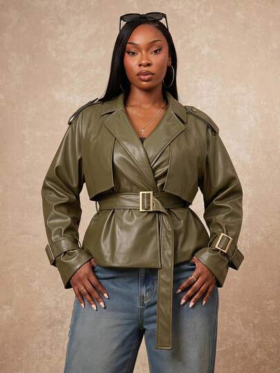 Radiana Plus Size Women's Fashion Olive Green Autumn Short Trench Coat, Elegant Raglan Sleeve Lapel Double-Breasted Waist-Cinching Jacket, Suitable For Road Trips, Dates, Vacation Wear