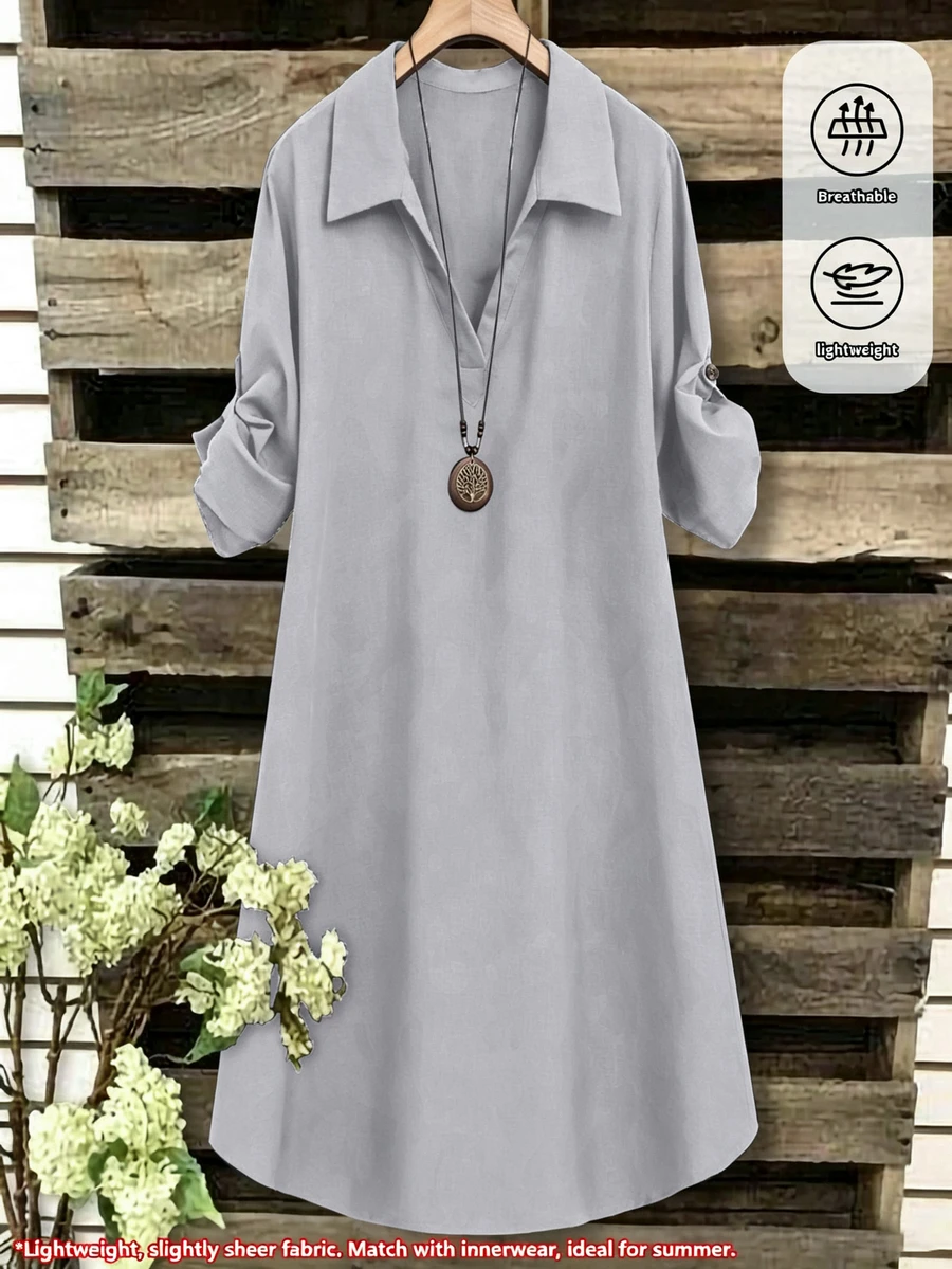 SHEIN Tall CURVE 大尺碼女款法式休閒夏季短袖V領長版洋裝 - 淺灰色 - 查看 1