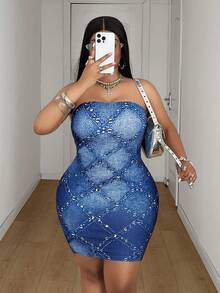 Maweii Women's Plus Size Sexy Faux Denim Knit Fabric With Faux Rhinestones, Bandeau Design, Bodycon Bodycon Fit, Plus Size Faux Denim Dress, Plus Size Blue Dress, Plus Size Sexy Outfit, Women's Plus Size New Style, Party Gathering, Night Date, Fashion Item, Bandeau Bodycon Bodycon Plus Size Sexy Outfit, Women's Plus Size New Style - Multicolor - View 6