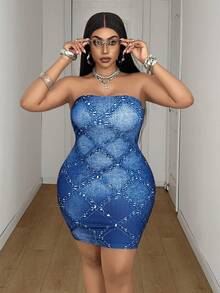 Maweii Women's Plus Size Sexy Faux Denim Knit Fabric With Faux Rhinestones, Bandeau Design, Bodycon Bodycon Fit, Plus Size Faux Denim Dress, Plus Size Blue Dress, Plus Size Sexy Outfit, Women's Plus Size New Style, Party Gathering, Night Date, Fashion Item, Bandeau Bodycon Bodycon Plus Size Sexy Outfit, Women's Plus Size New Style - Multicolor - View 4