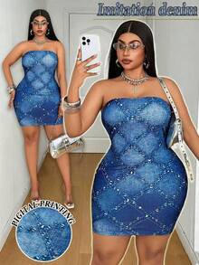 Maweii Women's Plus Size Sexy Faux Denim Knit Fabric With Faux Rhinestones, Bandeau Design, Bodycon Bodycon Fit, Plus Size Faux Denim Dress, Plus Size Blue Dress, Plus Size Sexy Outfit, Women's Plus Size New Style, Party Gathering, Night Date, Fashion Item, Bandeau Bodycon Bodycon Plus Size Sexy Outfit, Women's Plus Size New Style - Multicolor - View 3