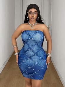 Maweii Women's Plus Size Sexy Faux Denim Knit Fabric With Faux Rhinestones, Bandeau Design, Bodycon Bodycon Fit, Plus Size Faux Denim Dress, Plus Size Blue Dress, Plus Size Sexy Outfit, Women's Plus Size New Style, Party Gathering, Night Date, Fashion Item, Bandeau Bodycon Bodycon Plus Size Sexy Outfit, Women's Plus Size New Style - Multicolor - View 5