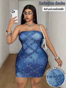 Maweii Women's Plus Size Sexy Faux Denim Knit Fabric With Faux Rhinestones, Bandeau Design, Bodycon Bodycon Fit, Plus Size Faux Denim Dress, Plus Size Blue Dress, Plus Size Sexy Outfit, Women's Plus Size New Style, Party Gathering, Night Date, Fashion Item, Bandeau Bodycon Bodycon Plus Size Sexy Outfit, Women's Plus Size New Style - Multicolor - View 1