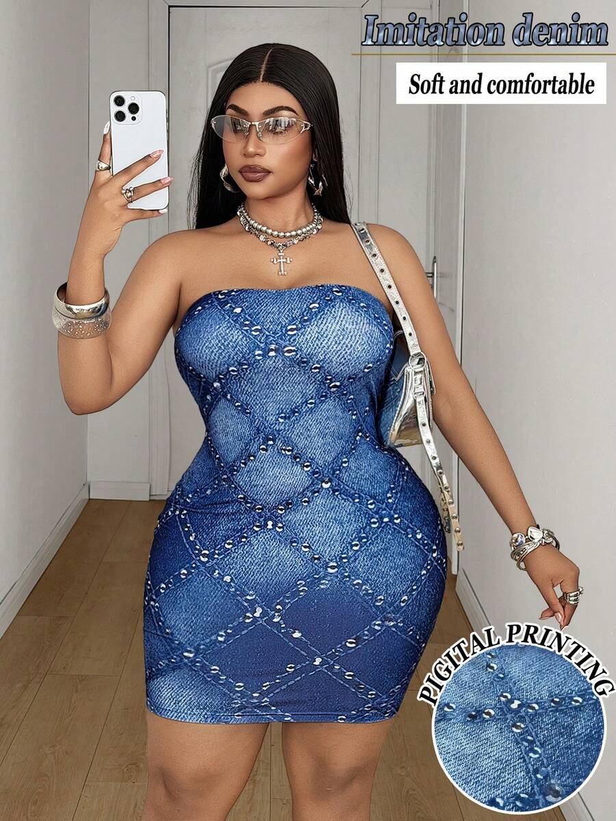 Maweii Women's Plus Size Sexy Faux Denim Knit Fabric With Faux Rhinestones, Bandeau Design, Bodycon Bodycon Fit, Plus Size Faux Denim Dress, Plus Size Blue Dress, Plus Size Sexy Outfit, Women's Plus Size New Style, Party Gathering, Night Date, Fashion Item, Bandeau Bodycon Bodycon Plus Size Sexy Outfit, Women's Plus Size New Style - Multicolor - View 1