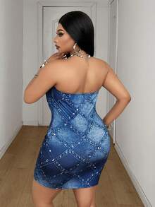 Maweii Women's Plus Size Sexy Faux Denim Knit Fabric With Faux Rhinestones, Bandeau Design, Bodycon Bodycon Fit, Plus Size Faux Denim Dress, Plus Size Blue Dress, Plus Size Sexy Outfit, Women's Plus Size New Style, Party Gathering, Night Date, Fashion Item, Bandeau Bodycon Bodycon Plus Size Sexy Outfit, Women's Plus Size New Style - Multicolor - View 2