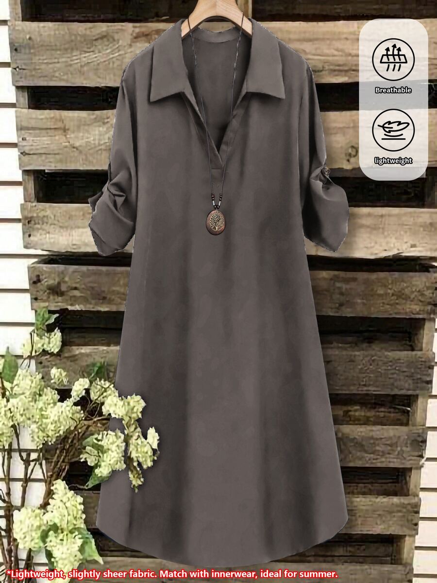 SHEIN Tall CURVE 大尺碼女款法式休閒夏季短袖V領長版洋裝 - 深灰色 - 查看 1