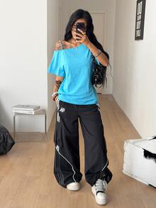 Coolane 女款夏季/秋季休閒性感街頭風返校度假日常外出夜店天藍色全白100%純棉T恤2件組 - 藍色 - 查看 5