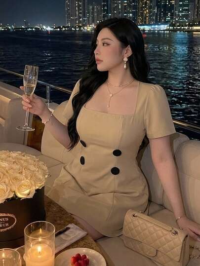 Vibekara Casual Elegant Commuter Minimalist Versatile Knee-Length Dress Square Neck Button Decor Cinched Waist A-Line Slimming Flattering For Work Dating Formal Occasions Summer All Season Plus Size Women Dress