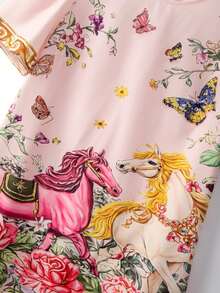 SHEIN LUNE CURVE 大尺碼熱銷優雅圓領全印花3D花卉洋裝，簡約剪裁設計，適合日常通勤，派對、約會、旅行、度假、攝影、正式場合皆適用 - 粉色 - 查看 5