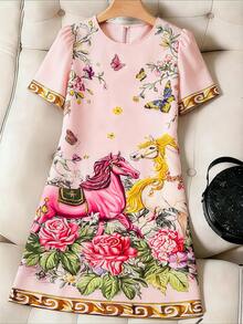 SHEIN LUNE CURVE 大尺碼熱銷優雅圓領全印花3D花卉洋裝，簡約剪裁設計，適合日常通勤，派對、約會、旅行、度假、攝影、正式場合皆適用 - 粉色 - 查看 7