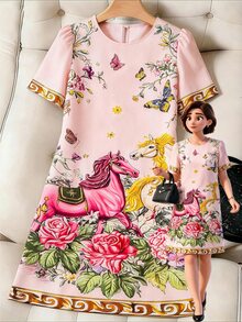 SHEIN LUNE CURVE 大尺碼熱銷優雅圓領全印花3D花卉洋裝，簡約剪裁設計，適合日常通勤，派對、約會、旅行、度假、攝影、正式場合皆適用 - 粉色 - 查看 1