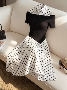GlowEve CURVE Women's Fall Black White Polka Dot Open Shoulder Dress, Black Patchwork Hem, Asymmetric 2-In-1 Design Suitable For Commuting, Dinner Parties,And Dates. - Black - View 3