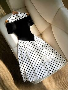 GlowEve CURVE Women's Fall Black White Polka Dot Open Shoulder Dress, Black Patchwork Hem, Asymmetric 2-In-1 Design Suitable For Commuting, Dinner Parties,And Dates. - Black - View 4