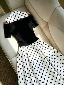 GlowEve CURVE Women's Fall Black White Polka Dot Open Shoulder Dress, Black Patchwork Hem, Asymmetric 2-In-1 Design Suitable For Commuting, Dinner Parties,And Dates. - Black - View 2