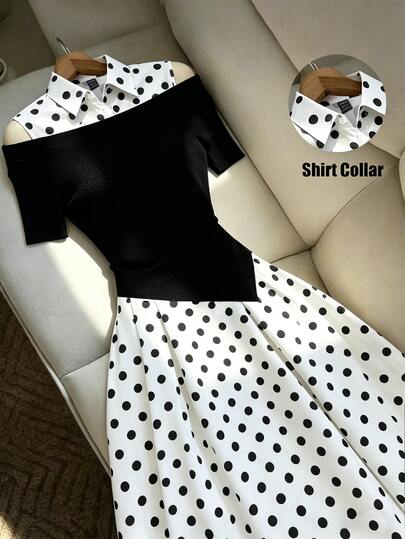 GlowEve CURVE Women's Fall Black White Polka Dot Open Shoulder Dress, Black Patchwork Hem, Asymmetric 2-In-1 Design Suitable For Commuting, Dinner Parties,And Dates.