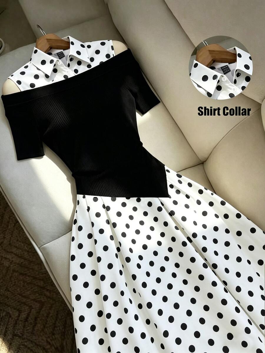 GlowEve CURVE Women's Fall Black White Polka Dot Open Shoulder Dress, Black Patchwork Hem, Asymmetric 2-In-1 Design Suitable For Commuting, Dinner Parties,And Dates. - Black - View 1