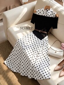 GlowEve CURVE Women's Fall Black White Polka Dot Open Shoulder Dress, Black Patchwork Hem, Asymmetric 2-In-1 Design Suitable For Commuting, Dinner Parties,And Dates. - Black - View 8