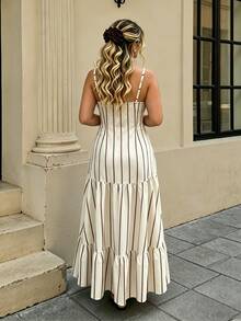 Cévolie Women's Plus Size Elegant Romantic Striped Buckle Strap Flared Dress - Apricot - View 2