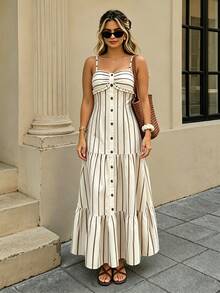 Cévolie Women's Plus Size Elegant Romantic Striped Buckle Strap Flared Dress - Apricot - View 4