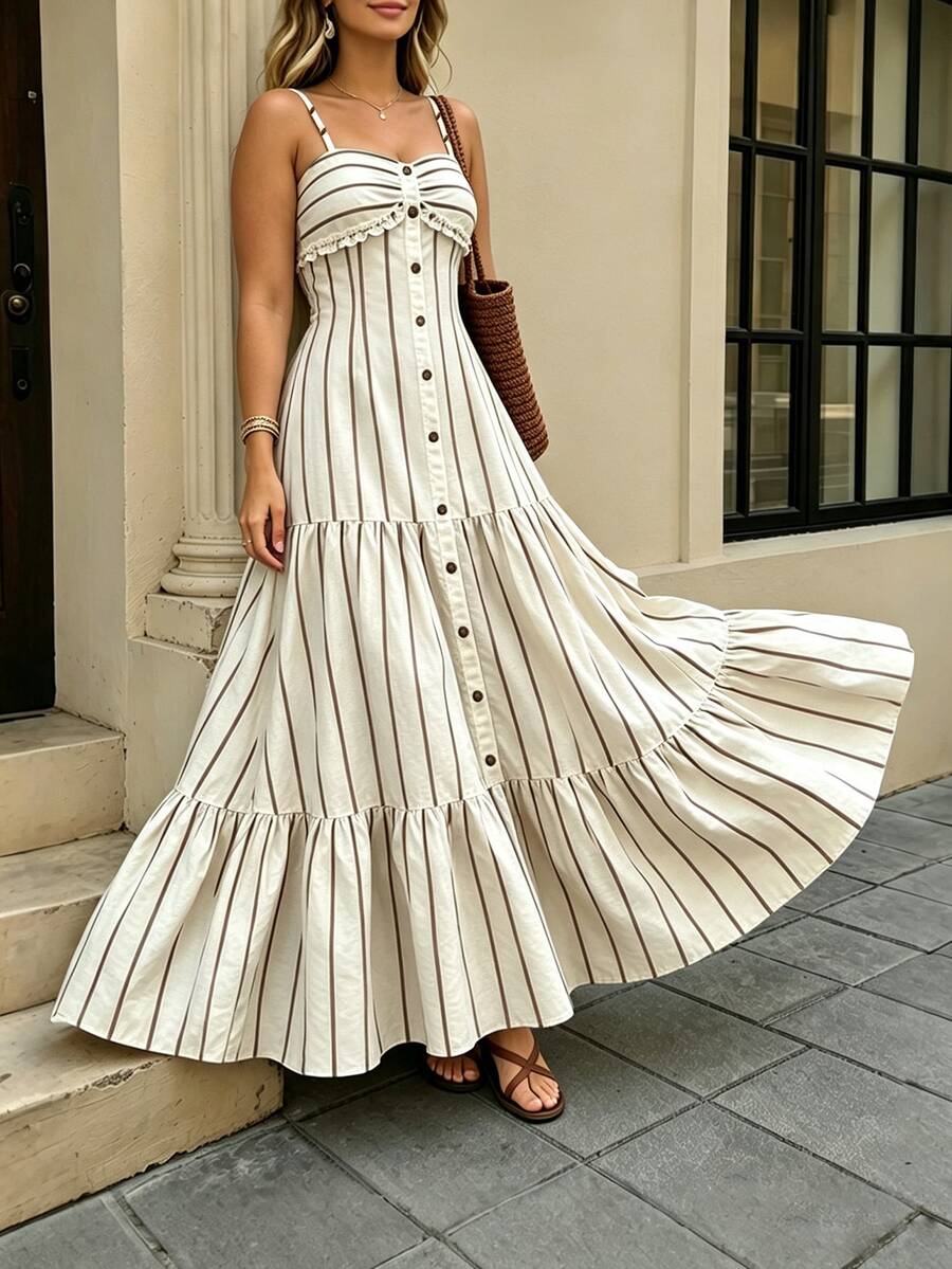 Cévolie Women's Plus Size Elegant Romantic Striped Buckle Strap Flared Dress - Apricot - View 1