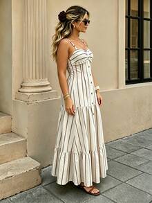 Cévolie Women's Plus Size Elegant Romantic Striped Buckle Strap Flared Dress - Apricot - View 5