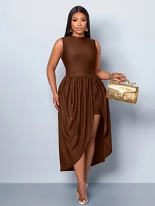 SOLERSUN Plus-Size Women's Fitted Ruched Hem Asymmetric Midi Dress, Perfect For Parties And Gatherings. - Coffee Brown - View 5