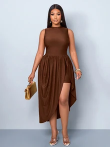 SOLERSUN Plus-Size Women's Fitted Ruched Hem Asymmetric Midi Dress, Perfect For Parties And Gatherings. - Coffee Brown - View 4