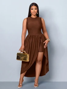 SOLERSUN Plus-Size Women's Fitted Ruched Hem Asymmetric Midi Dress, Perfect For Parties And Gatherings. - Coffee Brown - View 7