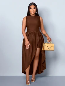 SOLERSUN Plus-Size Women's Fitted Ruched Hem Asymmetric Midi Dress, Perfect For Parties And Gatherings. - Coffee Brown - View 8