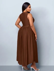 SOLERSUN Plus-Size Women's Fitted Ruched Hem Asymmetric Midi Dress, Perfect For Parties And Gatherings. - Coffee Brown - View 6