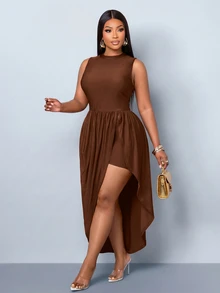 SOLERSUN Plus-Size Women's Fitted Ruched Hem Asymmetric Midi Dress, Perfect For Parties And Gatherings. - Coffee Brown - View 2