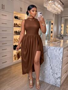 SOLERSUN Plus-Size Women's Fitted Ruched Hem Asymmetric Midi Dress, Perfect For Parties And Gatherings. - Coffee Brown - View 3
