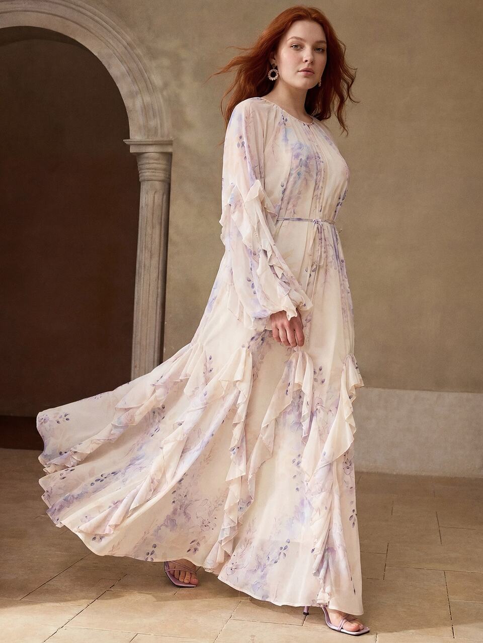 MOTF VESTIDO TALLA GRANDE ESTAMPADO FLORAL ROMÁNTICO CON VOLANTE EN EL BAJO OTOÑO